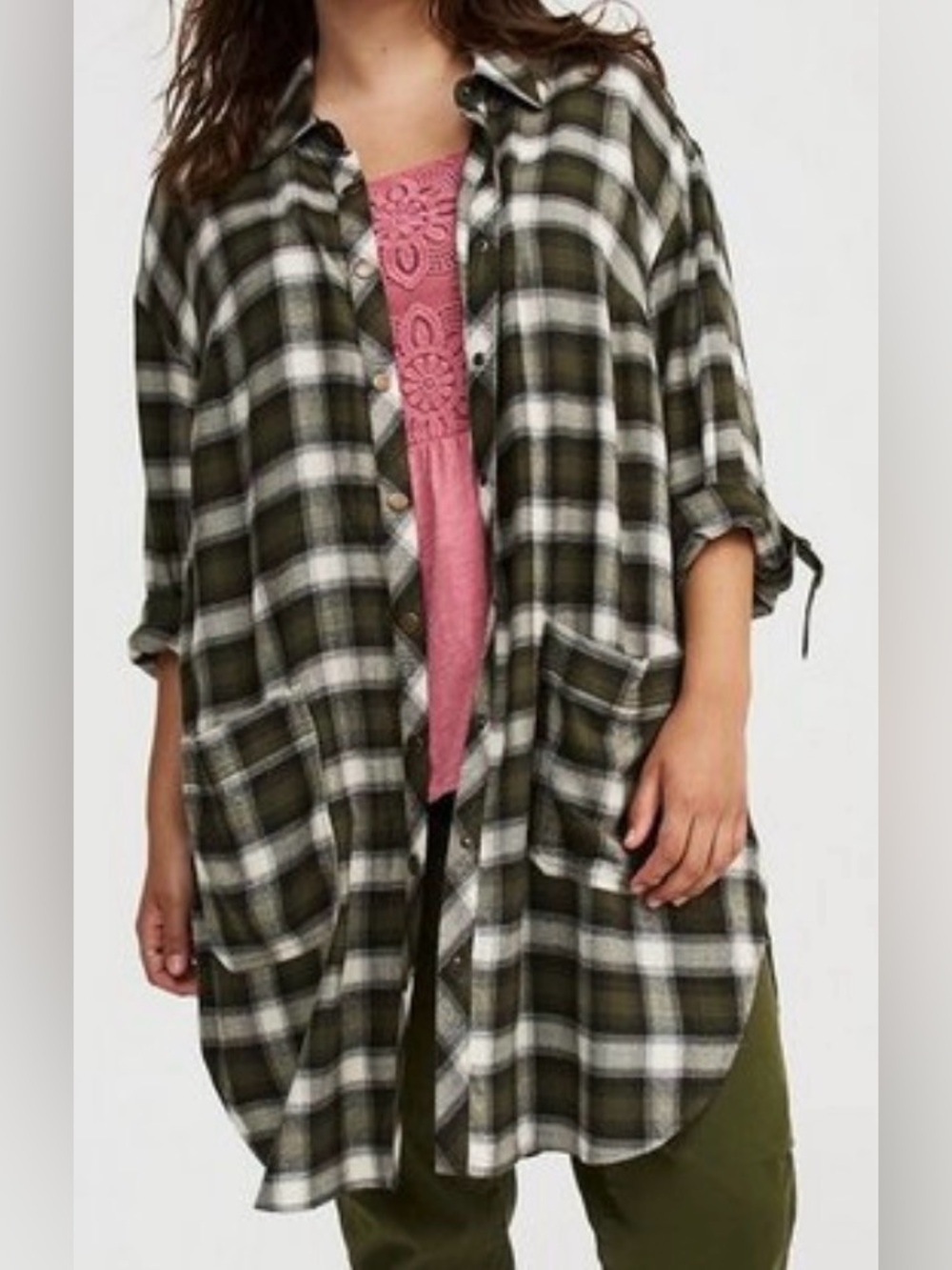 Torrid Rayon Blend Flannel Oversized Shacket Maud Plaid Deep Depths Green Kimono